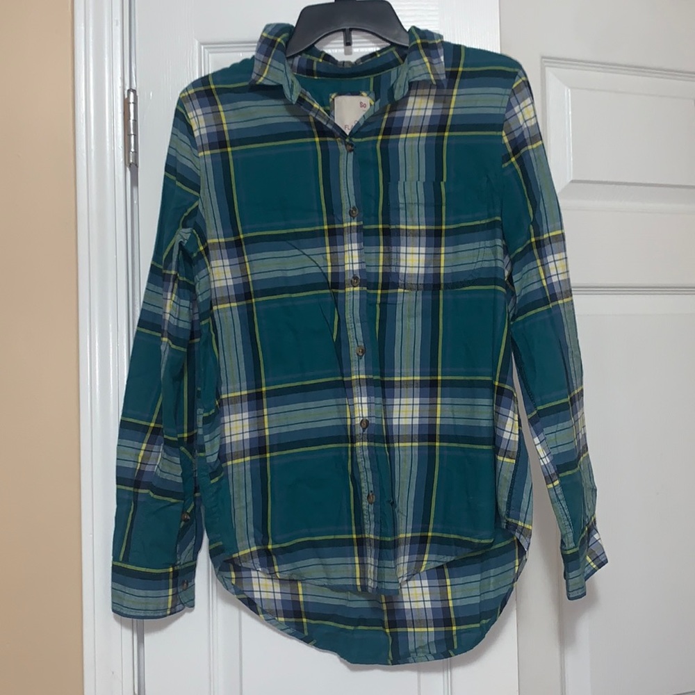 SO Teal and Yellow Plaid Flannel Shirt